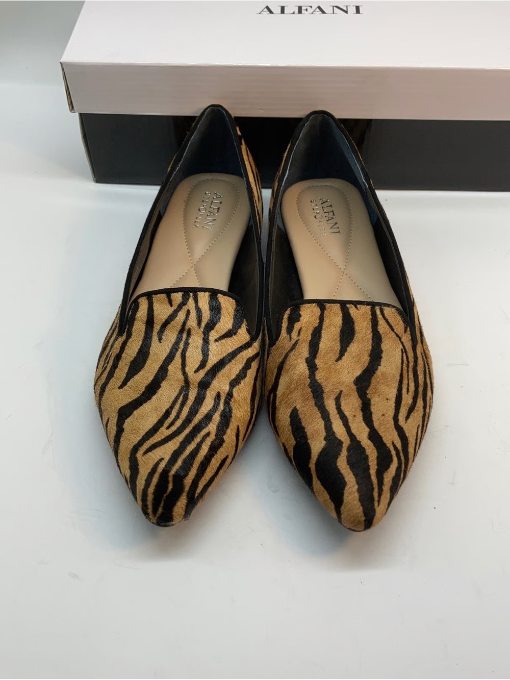 Alfani Tiger Stripe Pointed Toe Flats in Black & Tan